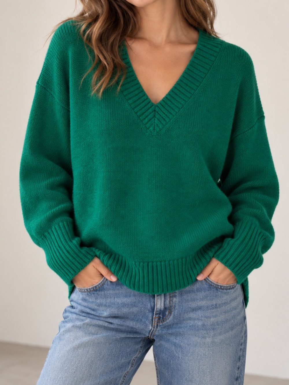 Ann Taylor Chunky Knit V-Neck Relaxed Pullover Sweater Kelly Green Large